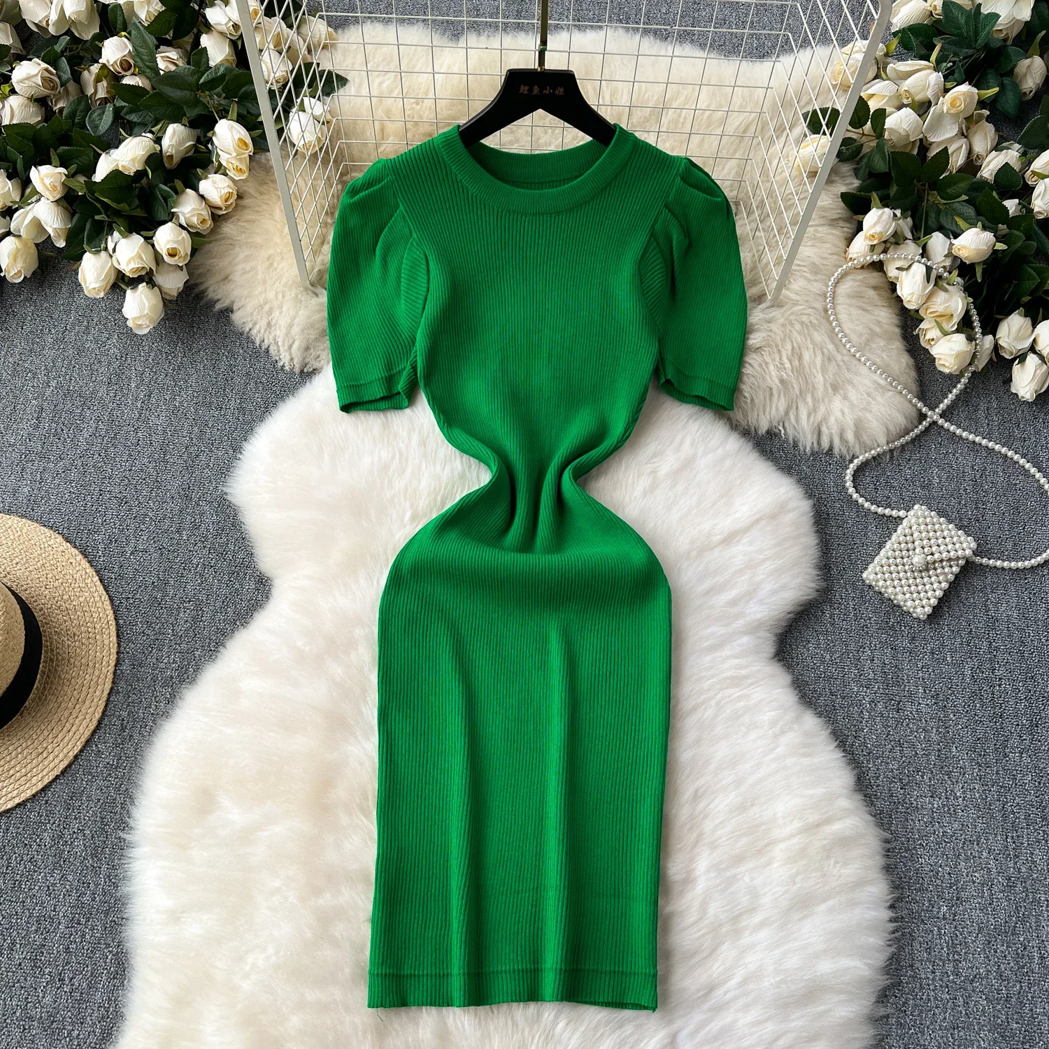 2024 Summer Solid Knit New Sexy O Neck Dress Women Short Puff Sleeve Elatic Waist Bodycon Sundress Female Beach Midi Long Dress
