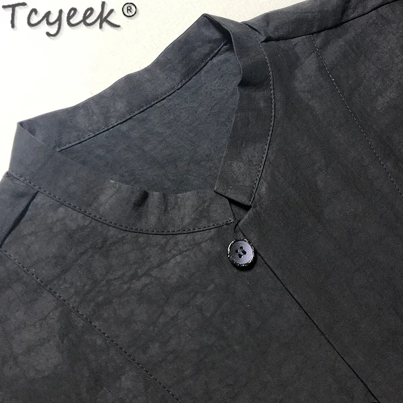 Tcyeek 100% Real Mulberry Silk Mens Shirts Summer Short Sleeve Top Stand Collar Black Shirt for Men Viantge Clothing 2024 قمصان