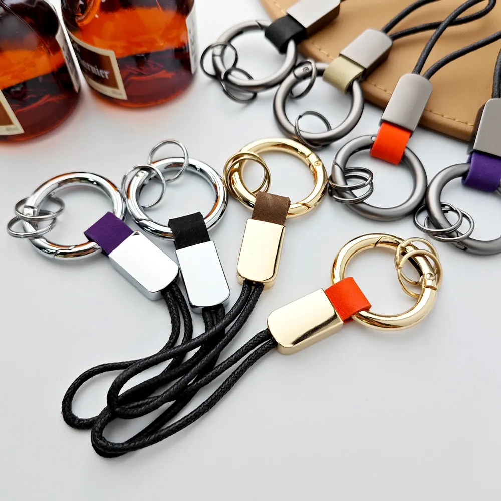 Custom Name Metal Keychain Suede Leather Retro Personalized Key Chain Ring for Men Women Lanyard Cotton Rope Strap Keyring Gift