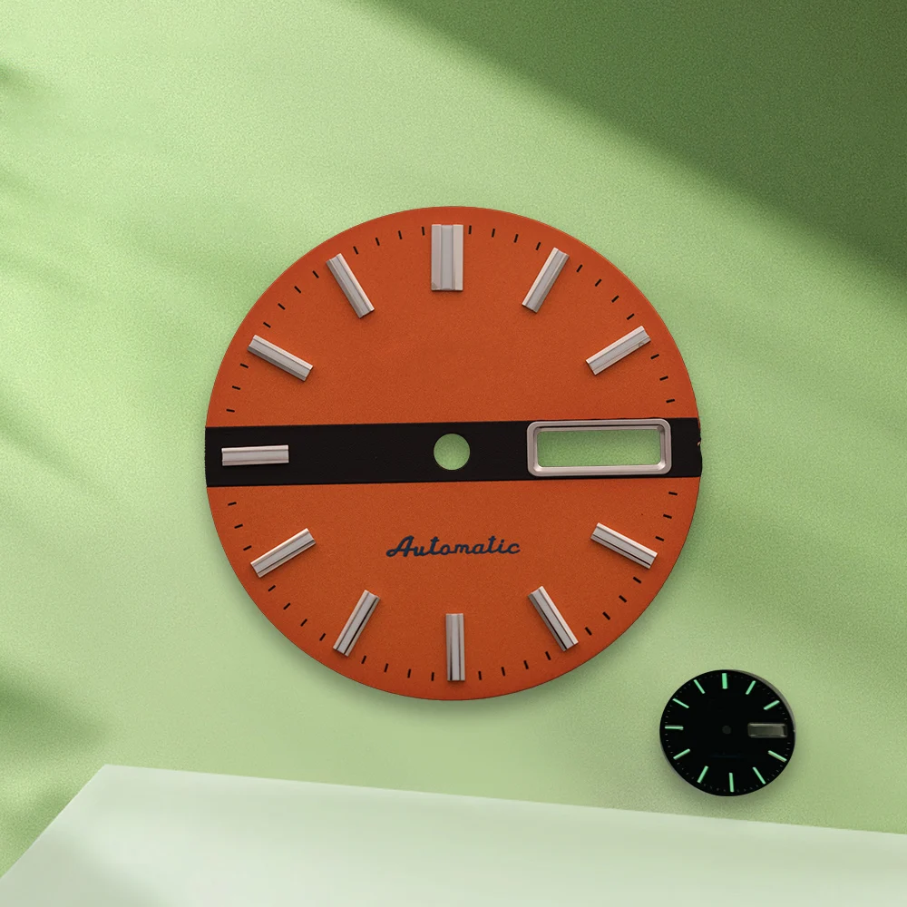 Quadrante NH35 con logo SS da 28,5 mm Quadrante arancione senza lancette adatto al movimento NH36 Accessori per la modifica dell'orologio luminoso verde