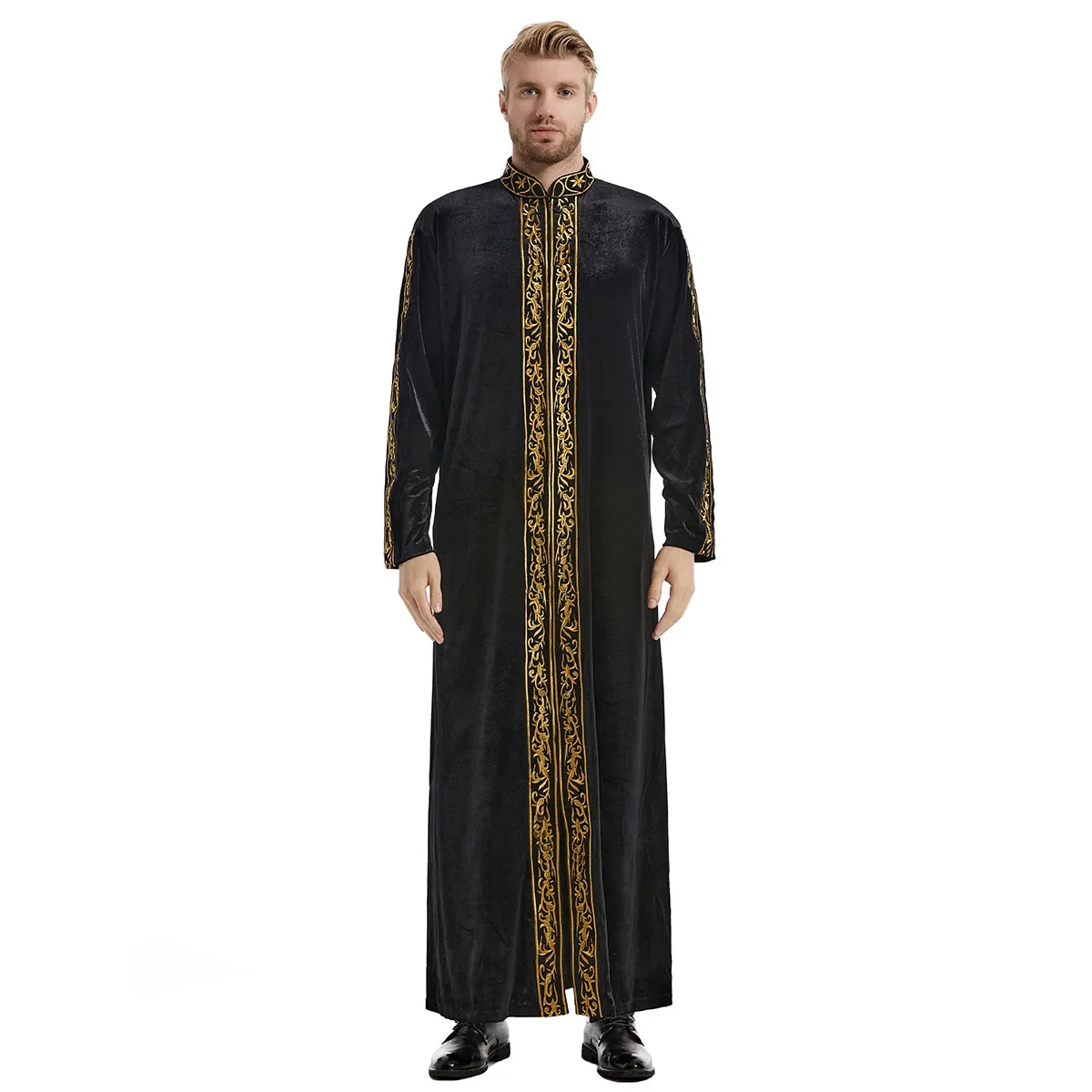 Robe muçulmano bordado de veludo dourado hui engrossado bordado famoso thobe para homens