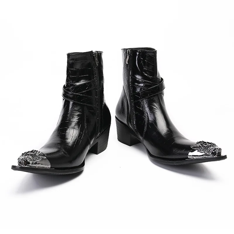 Rock Western Cowboy Men Boots Pointed Metal Tip Black Leather Short Boots Men Punk Motorcycle/Knight Boots for Men!