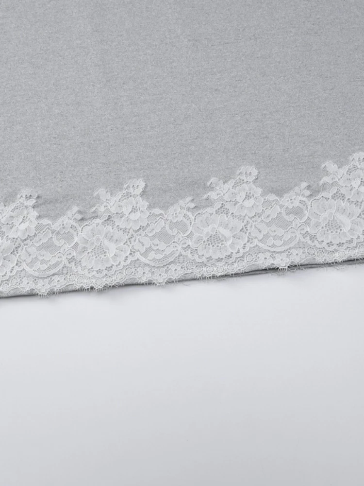 2025 Autumn Lace Patchwork T-shirt Dresses Women Chic Sexy O-neck Long Sleeve Gray Dress Streetwear Y2K Girls Party Club Outfit