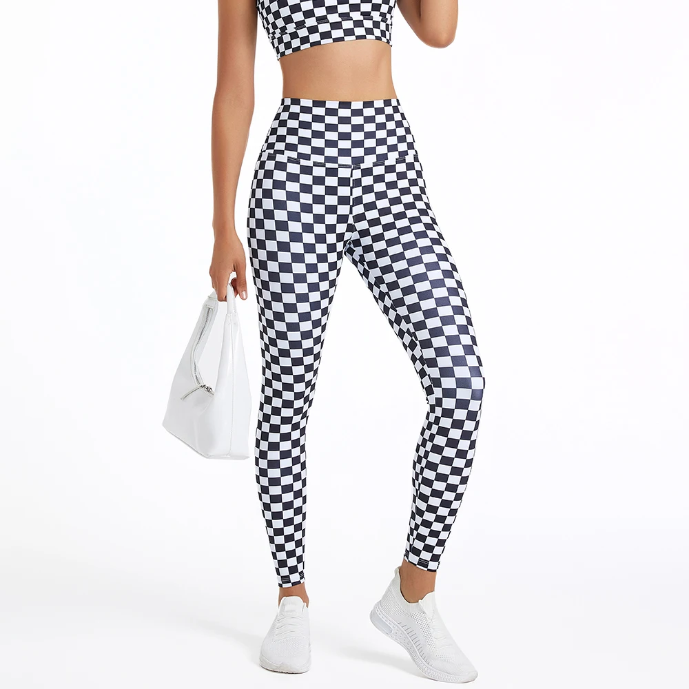 High Waist Nude Yoga Pants Women Hip-Lifting Polyester Stretch Checkerboard Sport Leggings For Running Training Workout Outdoor