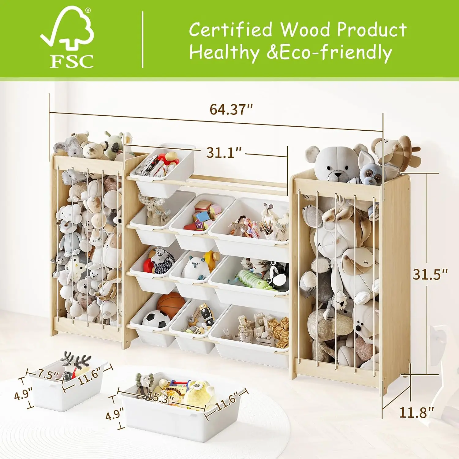 Toy Storage Organizer Wooden Stuffed Animal Holder 12 Bins Double Sided Thicker Ropes Save Space Playroom Nursery Bedroom