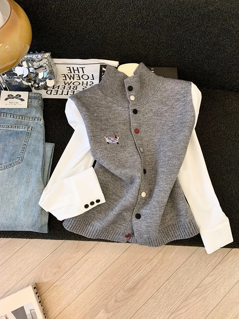 

Spring 2026 New Stand Collar Color Button Cartoon Embroidery irt Sve Patchwork Knitted Top Women's High Waist Sle Long...