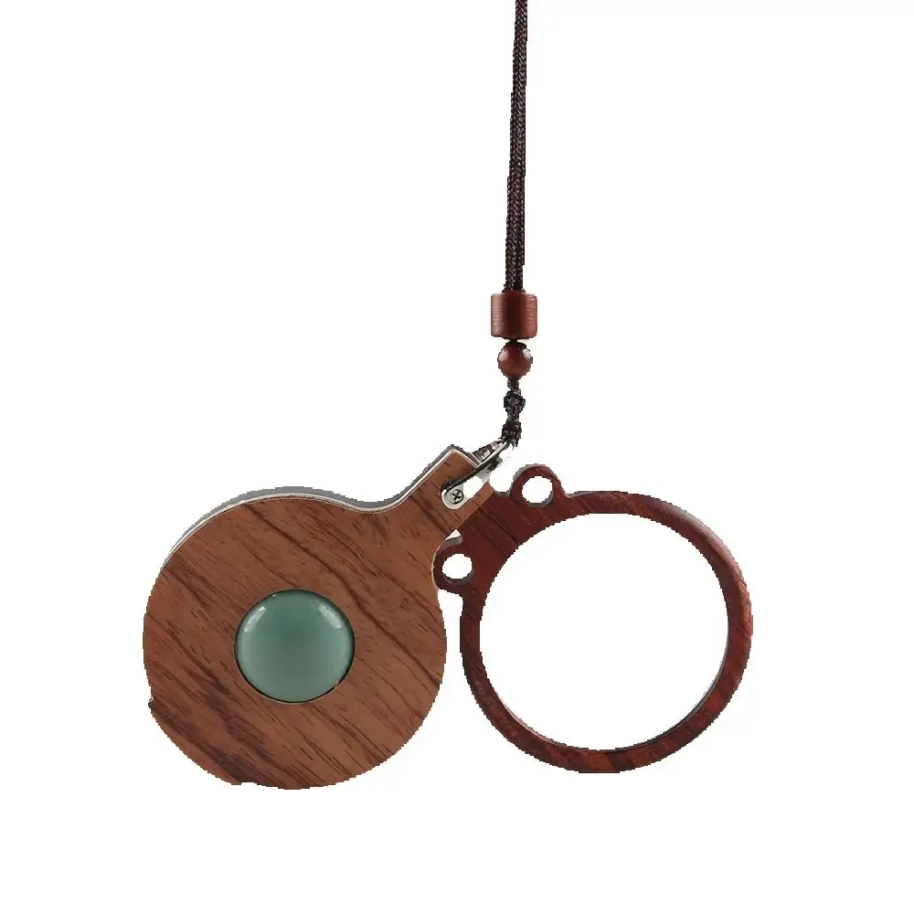 Red Wood Car Hanging Ornament Pendant Keychain Ebony Wood Inlaid Celadon Bead Portable Reading Glass Magnifier for Elderly