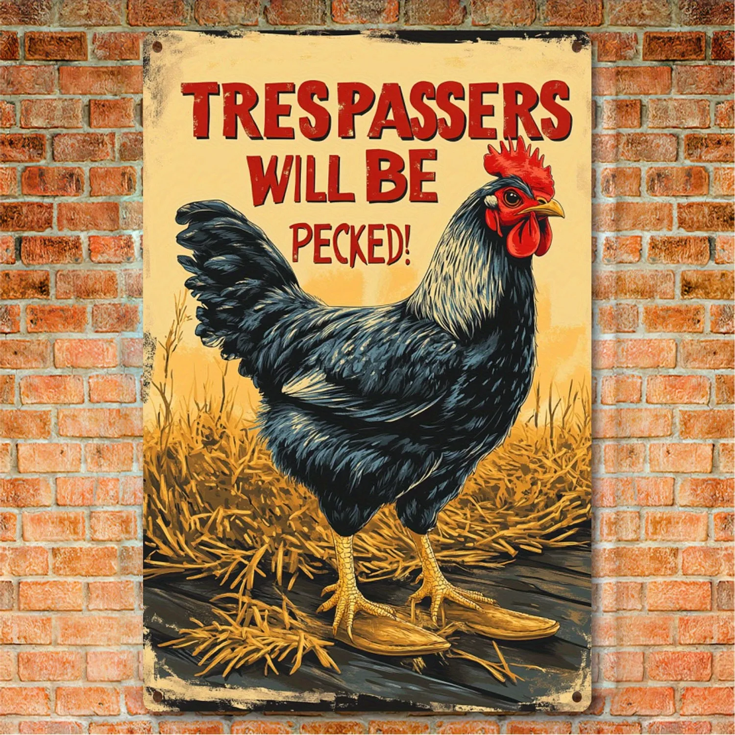 Funny Chicken Trespassers Will Be Pecked Tin Metal Signs Home Décor 8x12