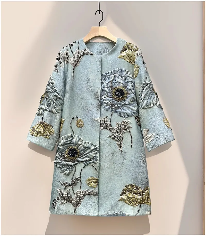 

Длинное пальто 3XL 2XL, верхняя одежда, осень-зима 2022, женское пальто ручной работы с вышивкой бисером, длинные синие пальто на пуговицах