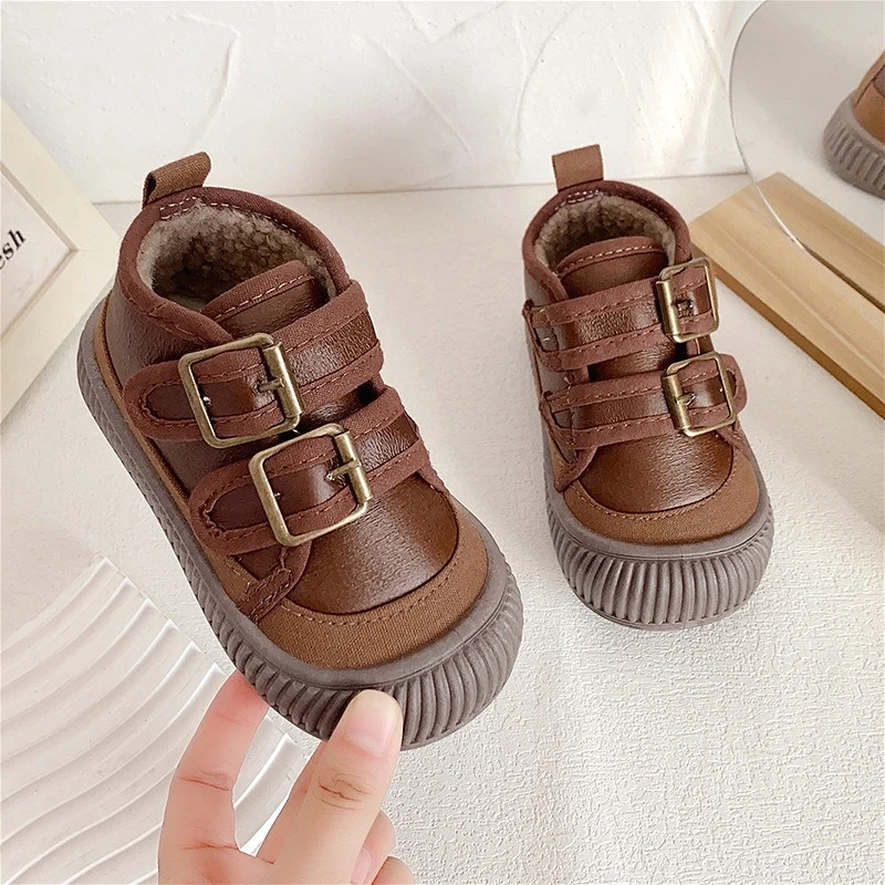 

Новая обувь на плюшевой подкладке для маленьких мальчиков и девочек, зимняя нескользящая износостойкая детская хлопковая обувь на меху, модная классическая детская повседневная обувь