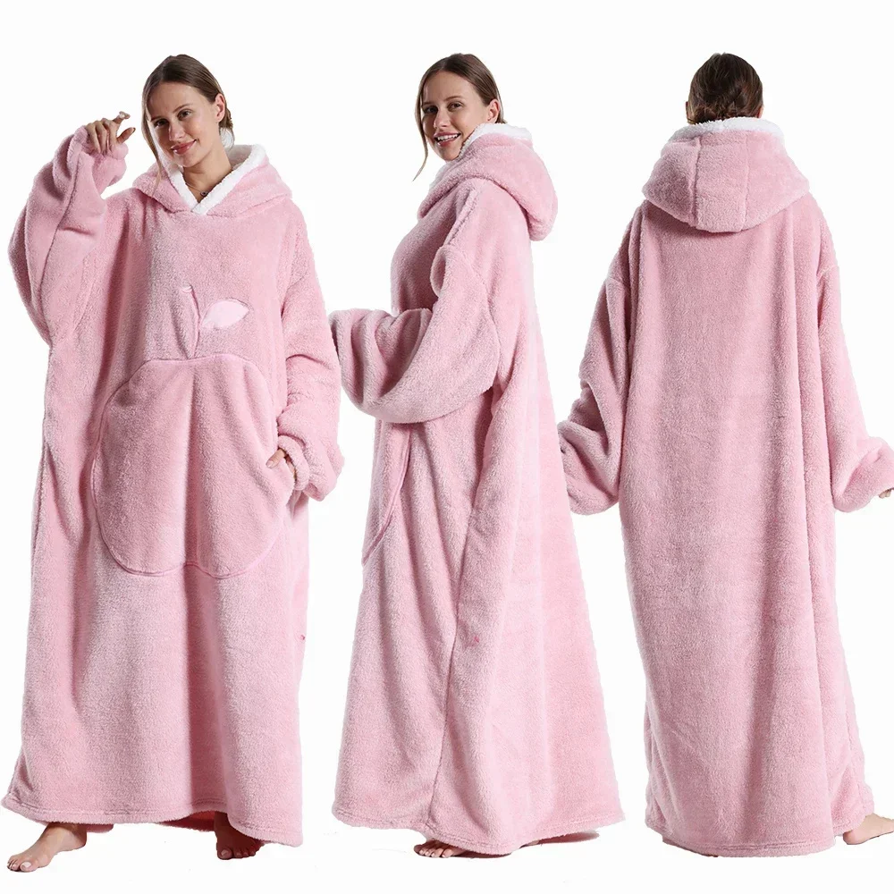 Extra Long Wearable Blankets Winter Flannel Hooded Blanket With Full Sleeves Men Women Cozy Soft Throw Adult TV Blanket