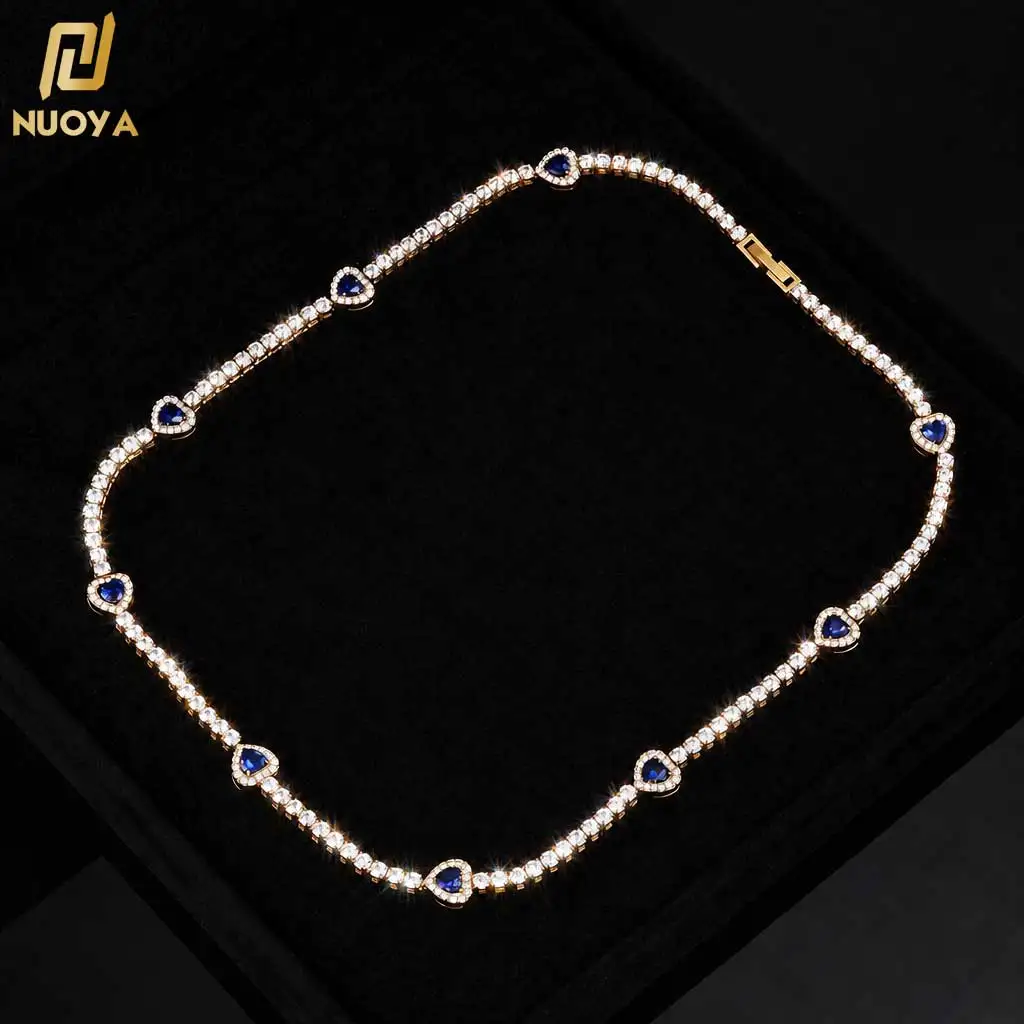 Stainless Steel Heart Tennis Necklace for Women 18K Gold Plated Sparkling Blue CZ Crystal Choker Waterproof Dainty Jewelry Gift