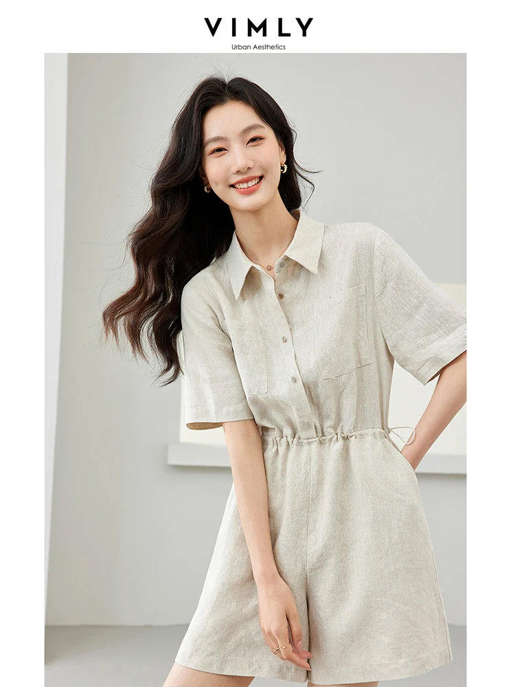 VIMLY Women\'s Casual Commuter Linen Short Playsuit 2024 Summer Cooling  Loose Romper Mid Waist Office Lady Tops Jumpsuit M7078