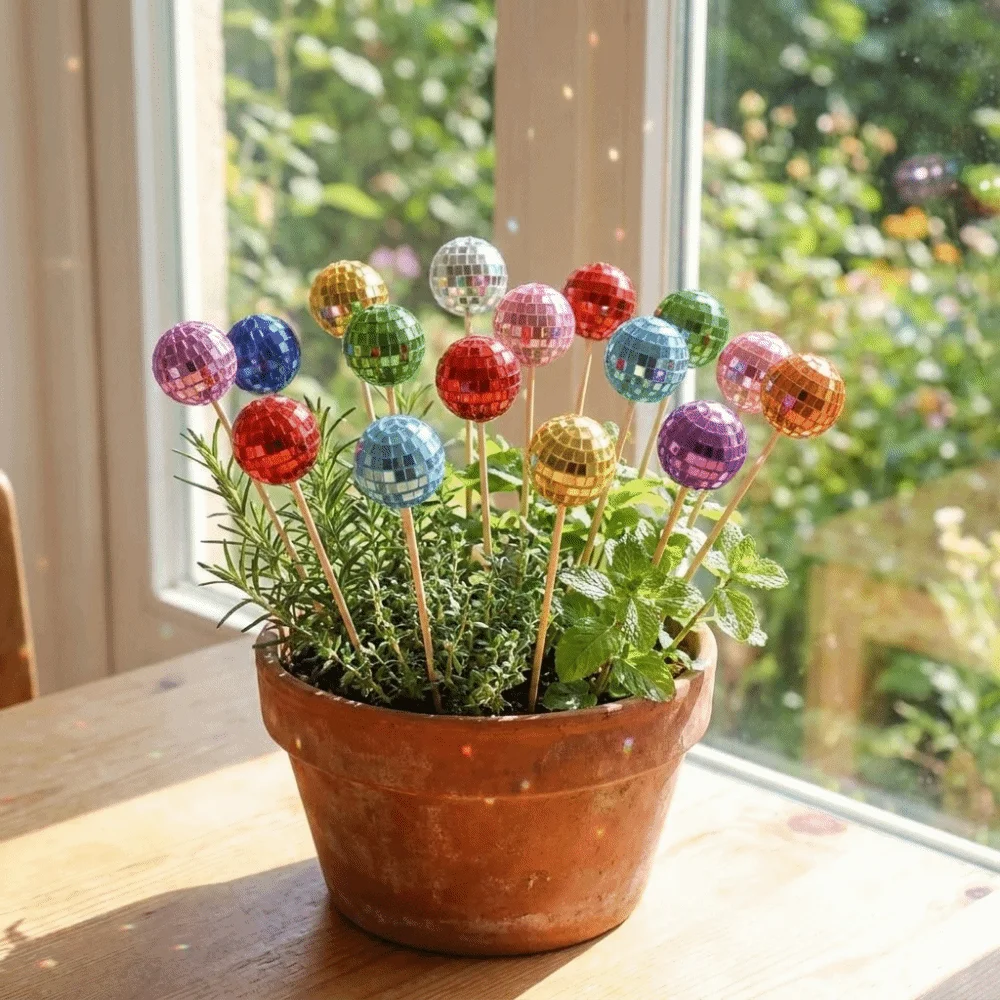 Foam Disco Ball Garden Sign Mini Reflective Glass Ball Sun Catcher with Wooden Stick Decorative Disco Ball Cake Topper Birthday