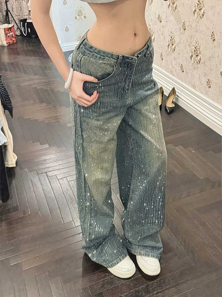 

Американские джинсы в стиле High Street с блестящими стразами и вставками, женские, сексуальные, ретро, модные, в пол, для создания стильных образов