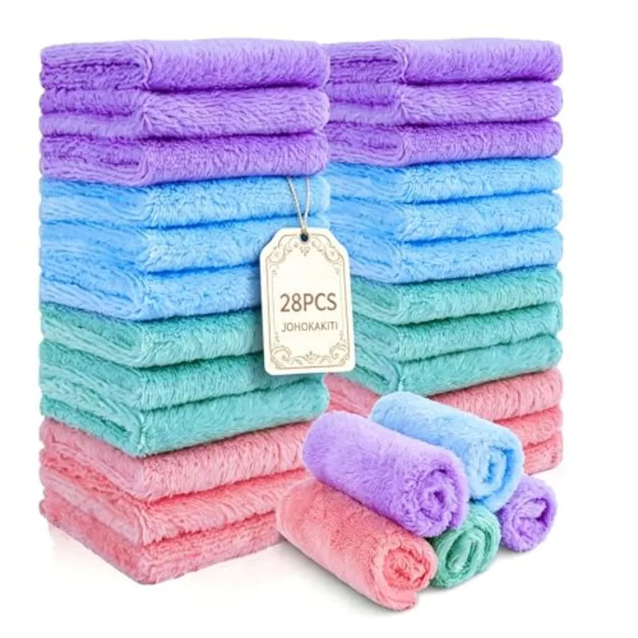 28 Pack Makeup Remover Cloths, Super Soft Premium Coral Velvet Facial Cleansing Towels 7x7 Inch, Highly Absorbent Microfiber Re