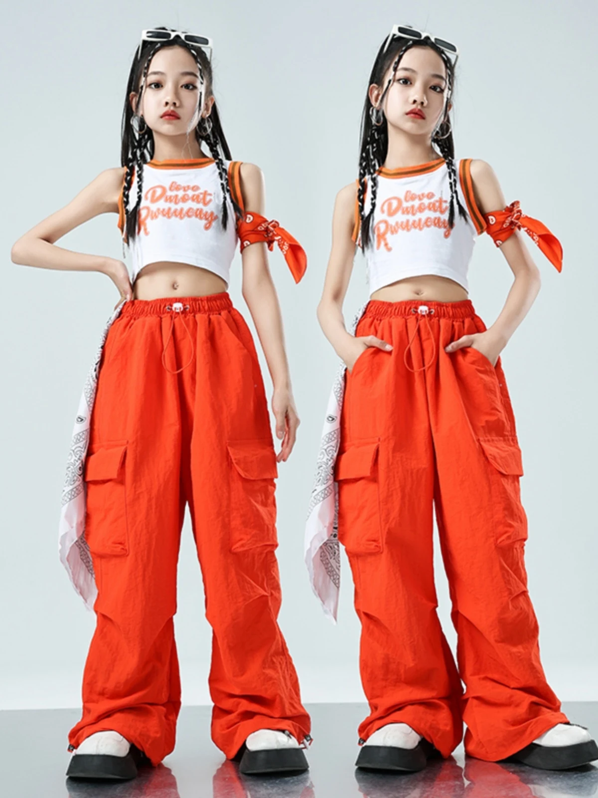 Children Jazz Dance Clothes Girls Summer Navel Vest Orange Pants Hip Hop Outfits Modern Kpop Performance Clothing Rave BL12850