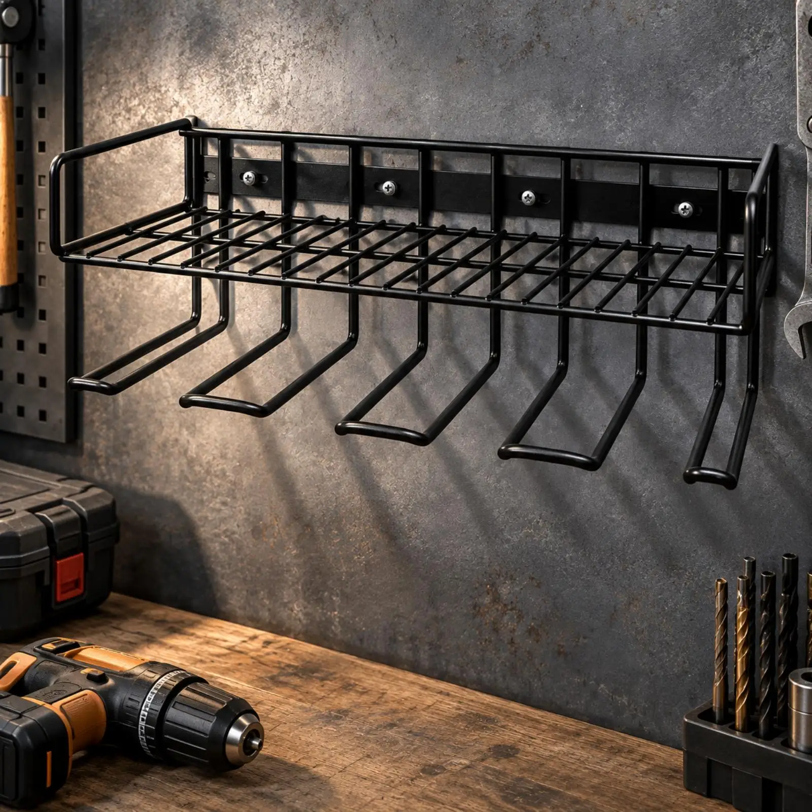 Black Iron Wall Drill Rack Easy to Install Wire-Grid Tool Shelf with Lower Tool Holders Drill Storage Rack Space Saving