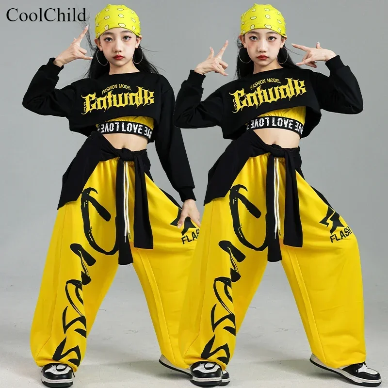 Hip Hop Girls Fashion K-pop Crop Top Letters Cargo Pants Child Street Dance Cardigan Kids Streetwear Girl Group Jazz Clothes Set