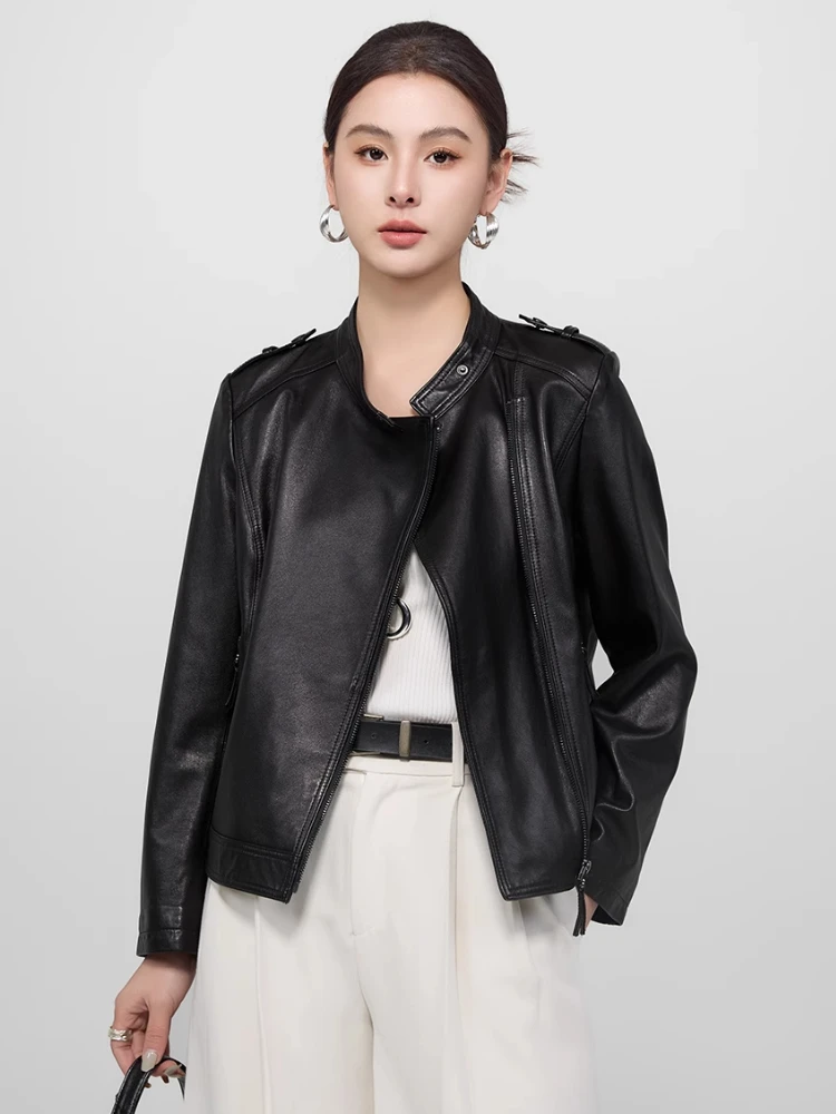 Jaquetas de Couro Genuíno Slim Cropped para Mulheres, Casaco Simples de Couro de Ovelha Preto Macio com Gola Alta