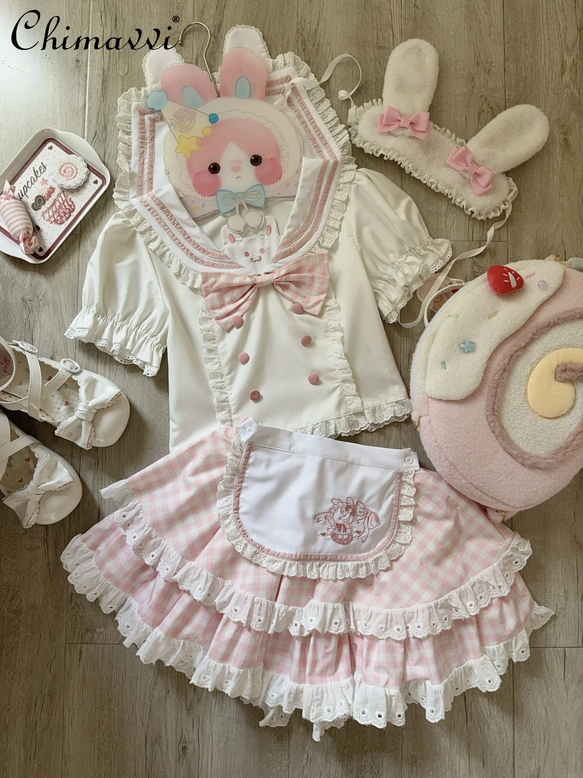 

Original Cute Rabbit Embroidered Bow Plaid Apron Maid Cake Skirt + Lapel Short-sleeved Top Two-piece Set Sweet Girl Y2k Sets