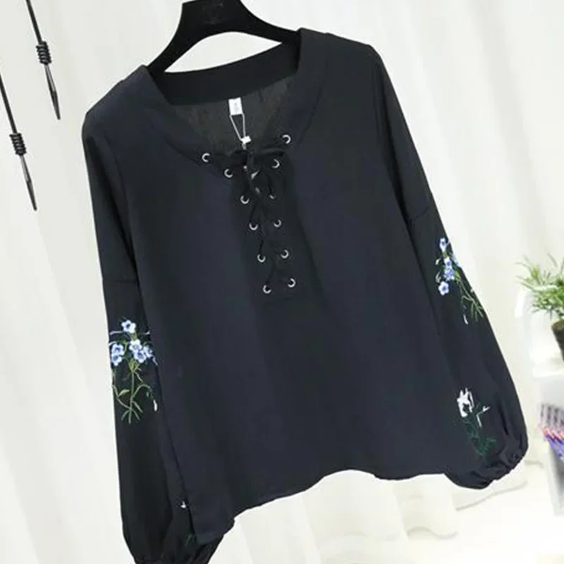 New Summer Solid Color Print Elegant Fashion Retro Office Lady Women's Shirt Loose V Neck Long Sleeve BOW Chiffon Chic Tops B675