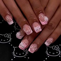 24pcs Short Square Pink Kitty Cat Press on Nails Cute Cartoon Hello Kitty Fake Nail Tips with Camellia Pearl Handmade Nail Patch