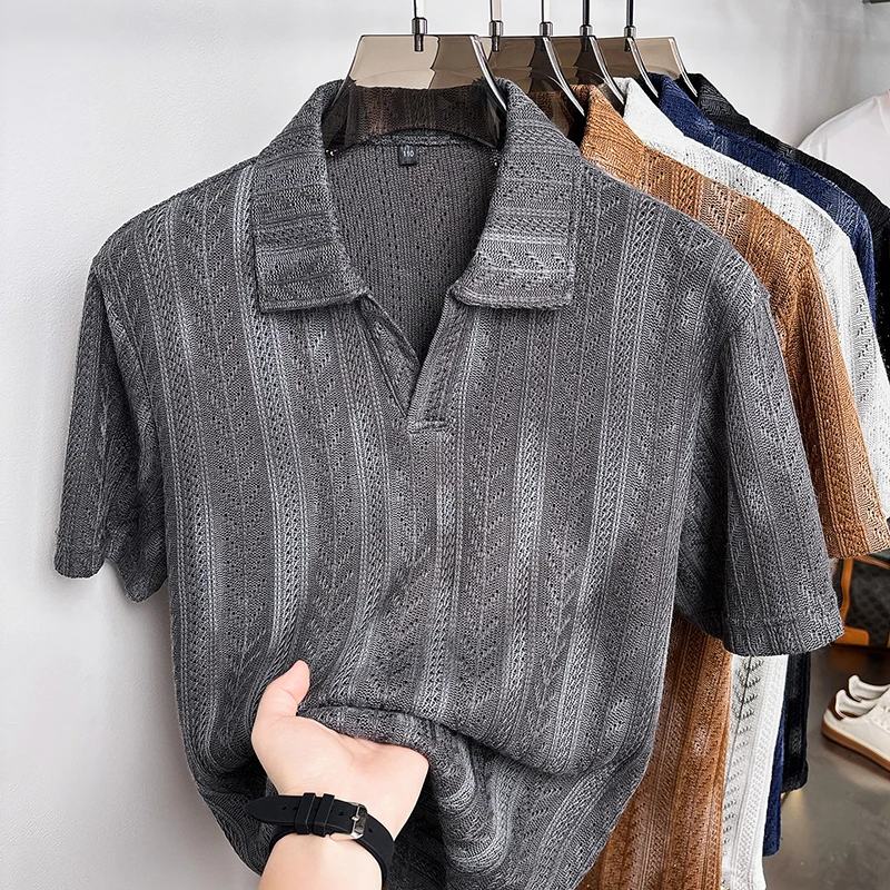 Summer Men's New Style Seagull Collar Printed Knitted Short-Sleeved Polo Shirt with Partial Open
