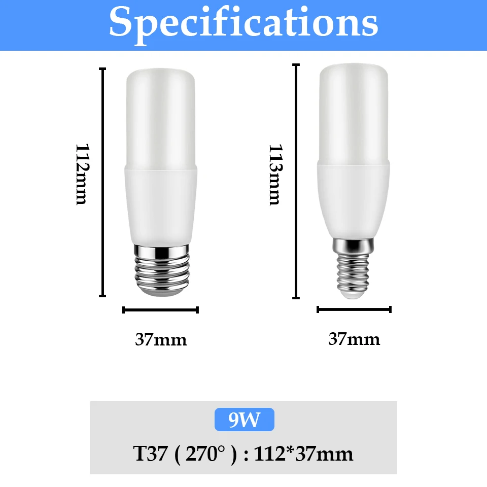 Ledライトバー電球,t37,9w,ac220v,e27,e14,超高輝度,3000k,4000k,6000k,家庭用,寝室用,オフィス用装飾ランプ