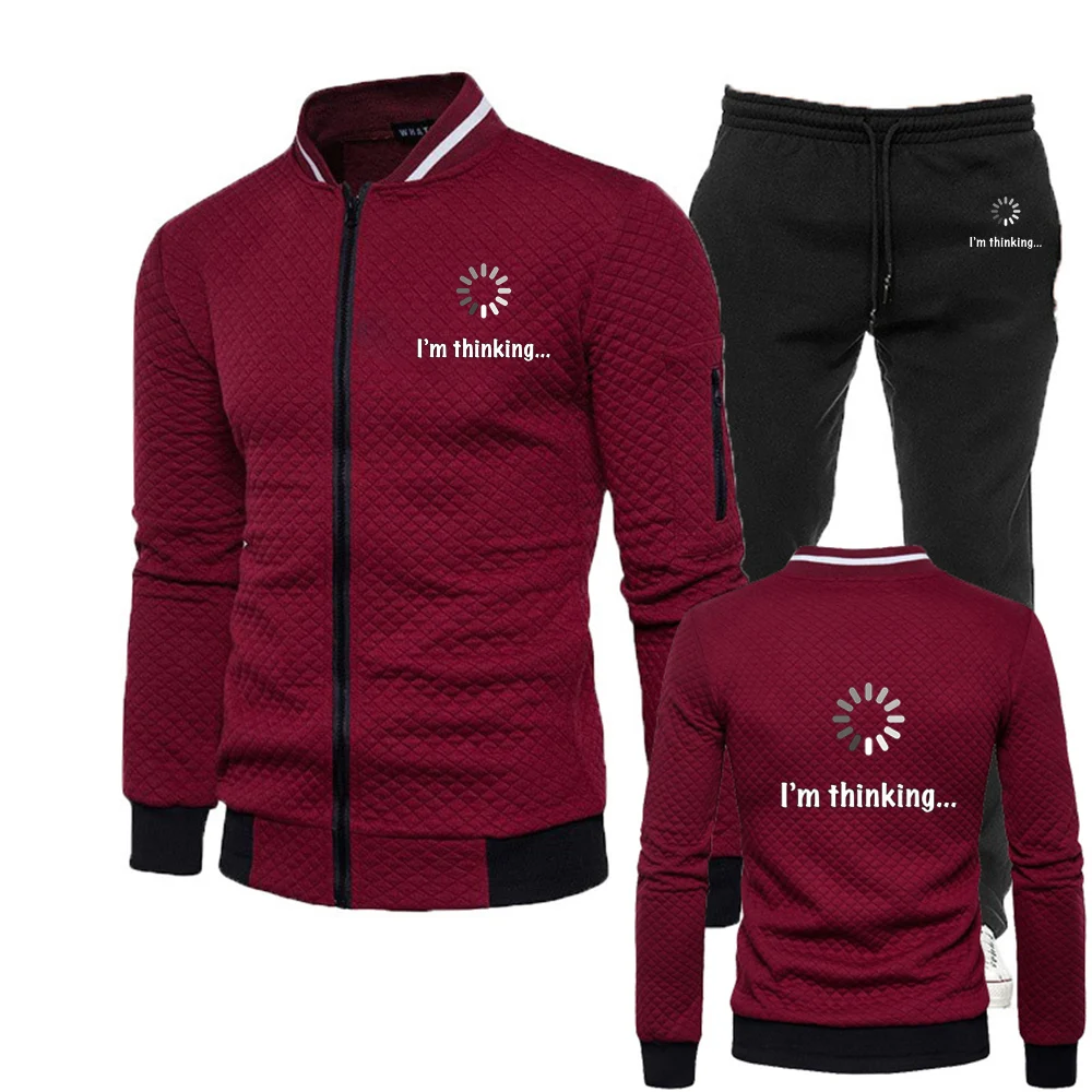 I‘m Thinking Funny Men's Solid Color Zipper Regular Fit Windproof Casual Outdoor Sports Daily Hoodies Fitness Pants Suits