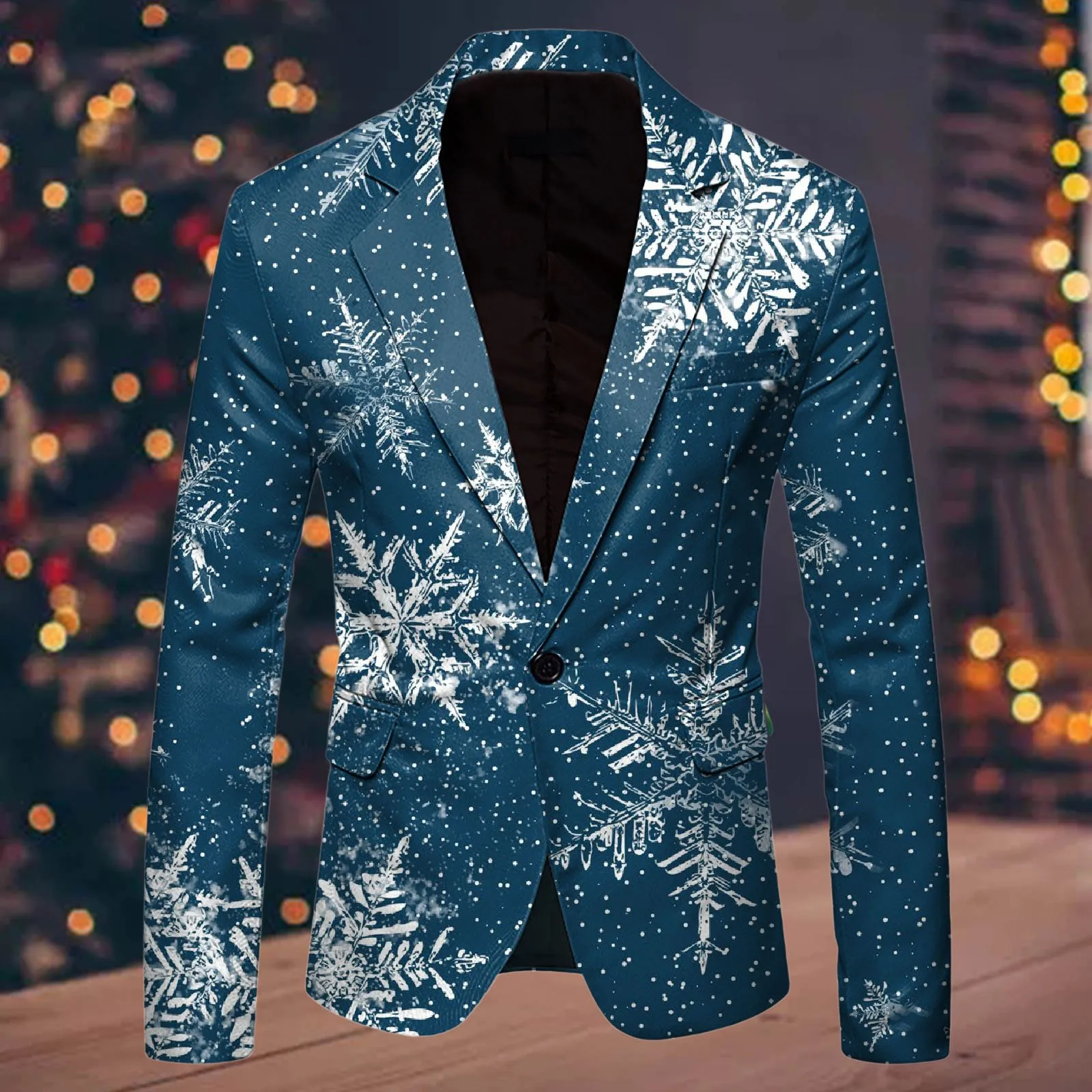 Snowflake Pattern Christmas Suit Jacket Men Blazer Fashion Leisure Christmas Printed Pocket Single Button Jacket Men\'s Clothing