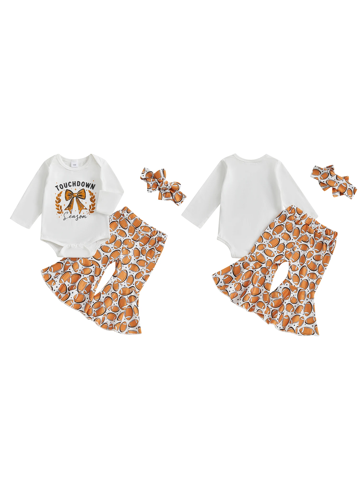 

Очаровательный футбольный комплект для маленьких девочек с бантом и буквенным принтом, комбинезон с длинными рукавами, расклешенными брюками и повязкой на голову на осень - трехсекционный