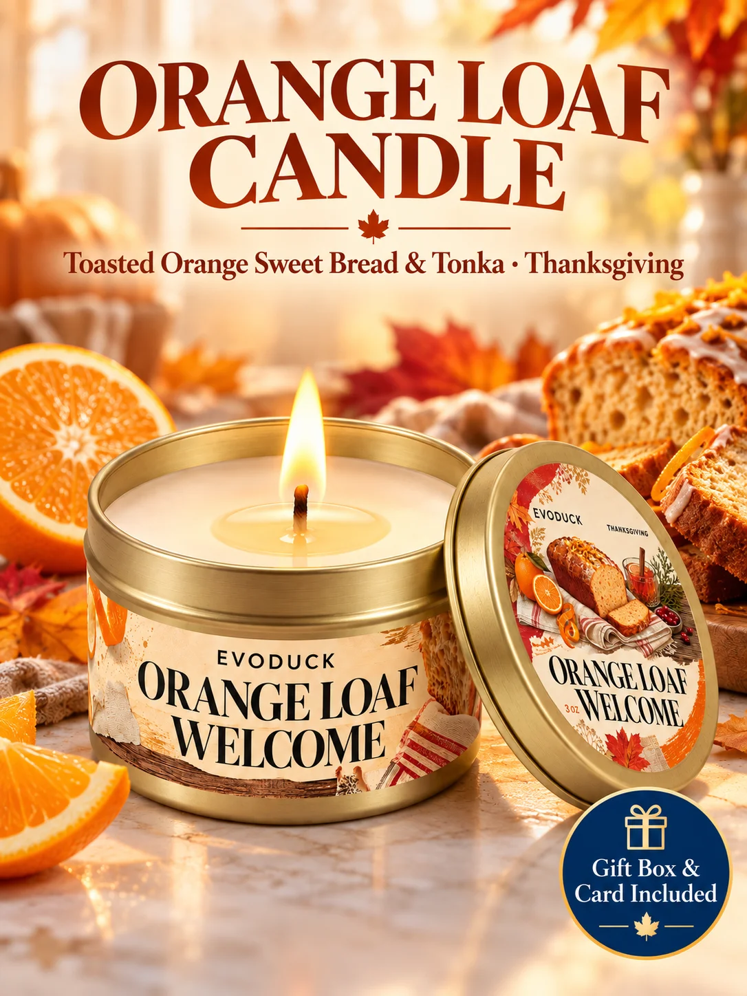 1pc Pumpkin Chai Oak Fall Candle 3oz Gold Tin, Spiced Pumpkin Scent, Gift Box & Card, Thanksgiving Table Decor Gift