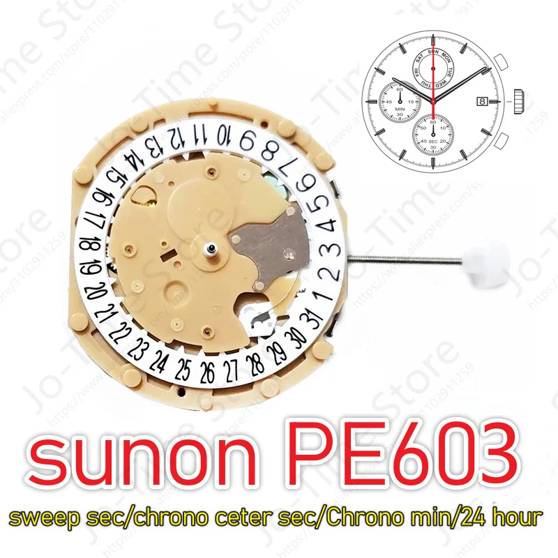 Механизм PE603 Sunon PE60 Кварцевые часы с секущим хронографом 6/9/12 Маленькие стрелки Хроноцентр Второе/Хроно Мин/24 часа