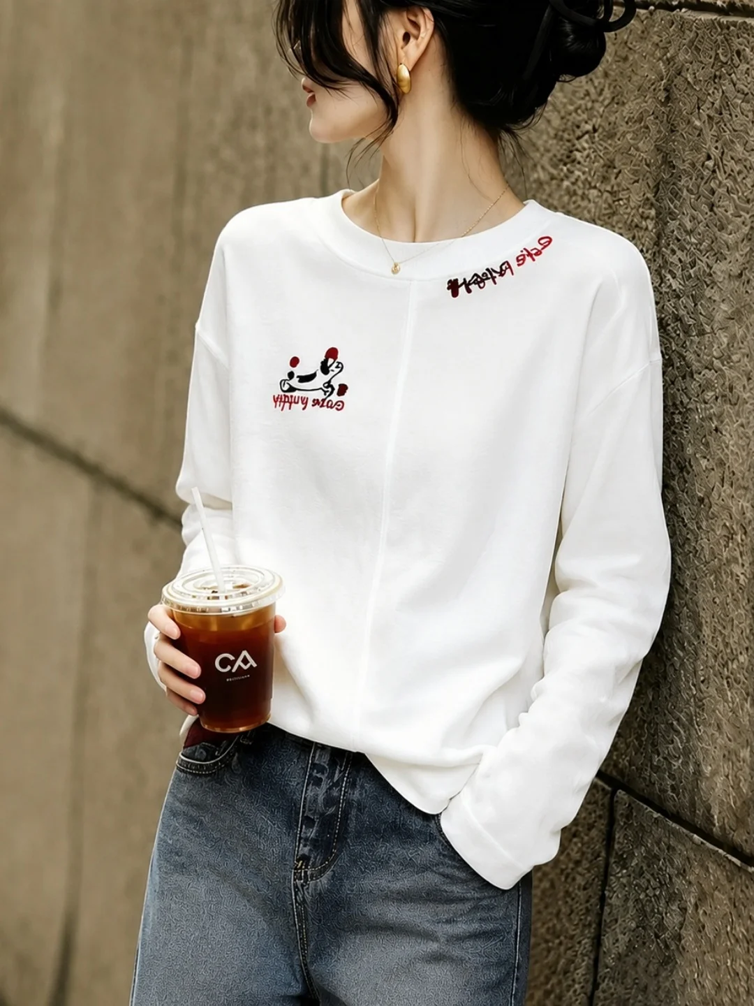 Korean Style round Neck Printed T-Shirt Loose Casual Long Sleeve Women's Top Commute Fashion Autumn New Arrival