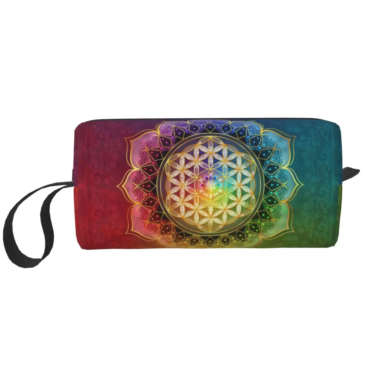 Rainbow Flower Of Life With Lotus Cosmetic Bag Women Cute Big Capacity Sacred Geometry Makeup Case Beauty Storage Toiletry Bags