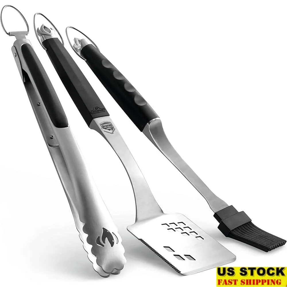 

3 Piece BBQ Grill Toolset Stainless Steel Tongs Spatula Basting Brush Ergonomic Handles Heat Resistant Rubber Grip Cookware