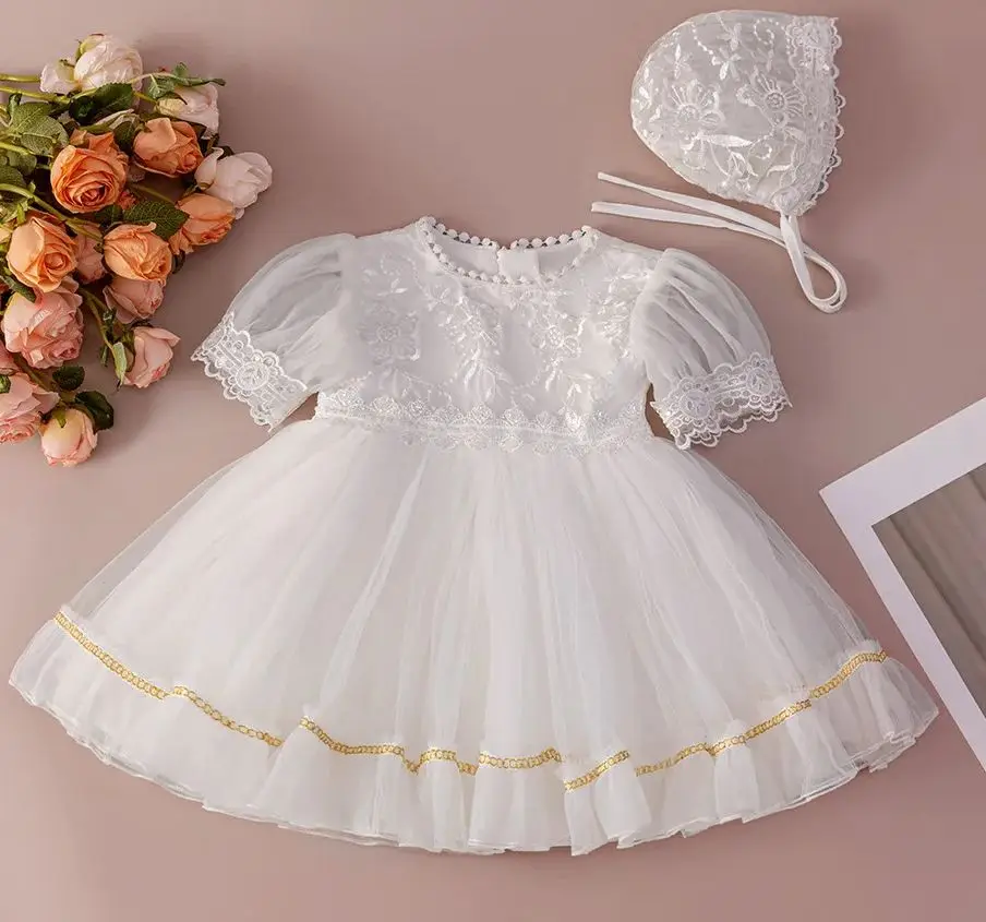 2 PCS Toddler Girl Christening Dress with Hat Baby Girls' Princess Tulle Dress Infant Outfit Cute Baby Clothes Set