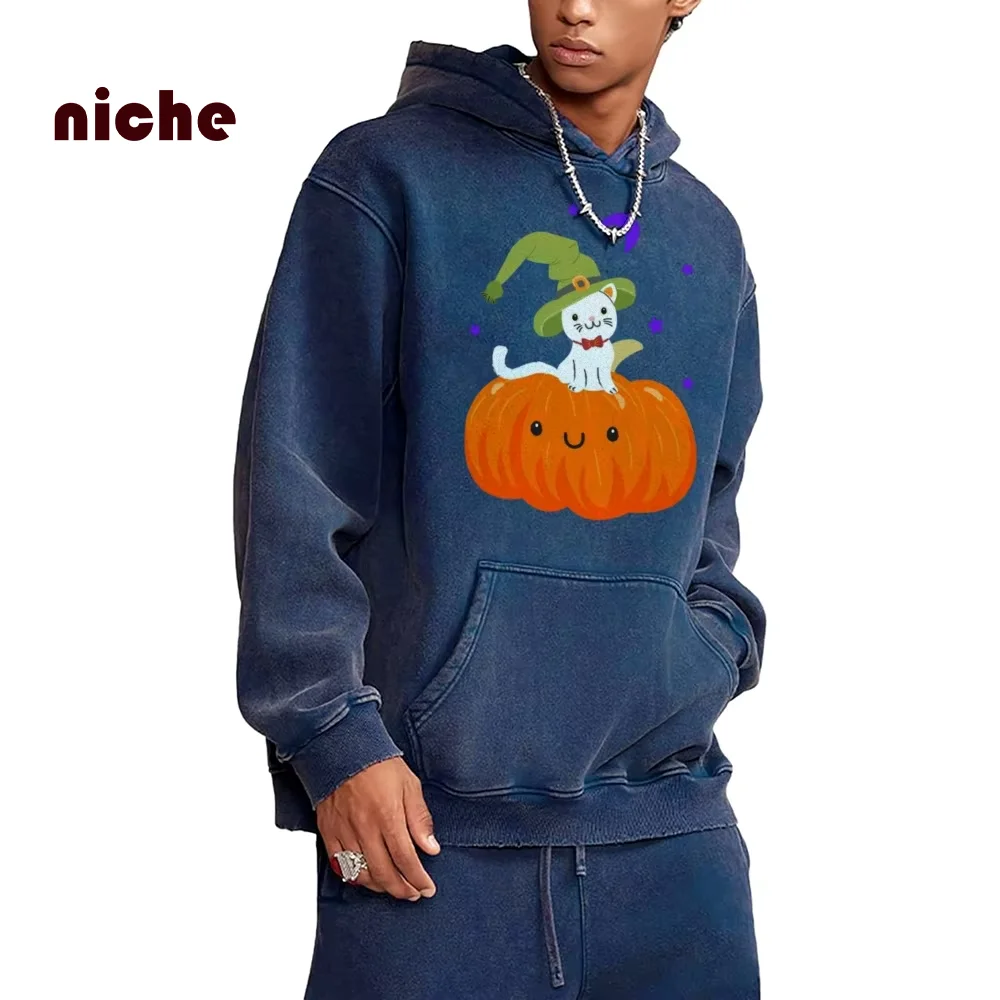 

Cute Pumpkin Ghost Graphic Print Hoodie Loose Hooded Sweater Pure Cotton High Quality Shoulder Halloween Neutral Sweatshirt