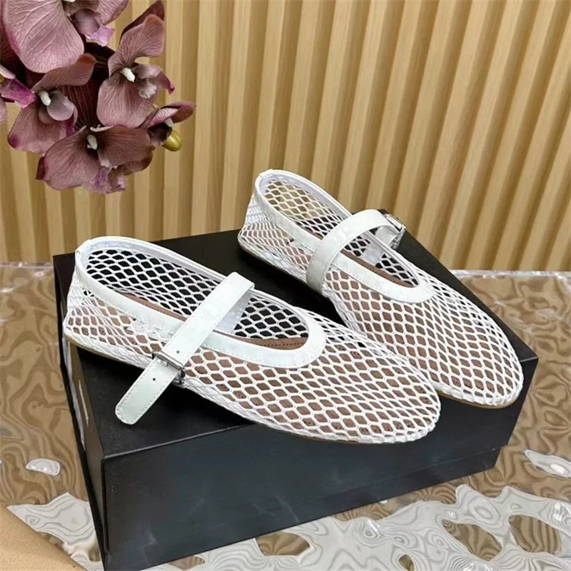 Summer Mesh Women's Ballet Mary Jane Shoes Fashionable Buckle Walking Shoes Round Toe Flats Sandals Ladies Loafers Shoes 2024