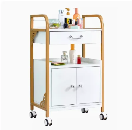 

Luxury White Color Gold Frame Bamboo Beauty Nail Salon Rolling Trolley With Wheels in Salon Furniture for Sale