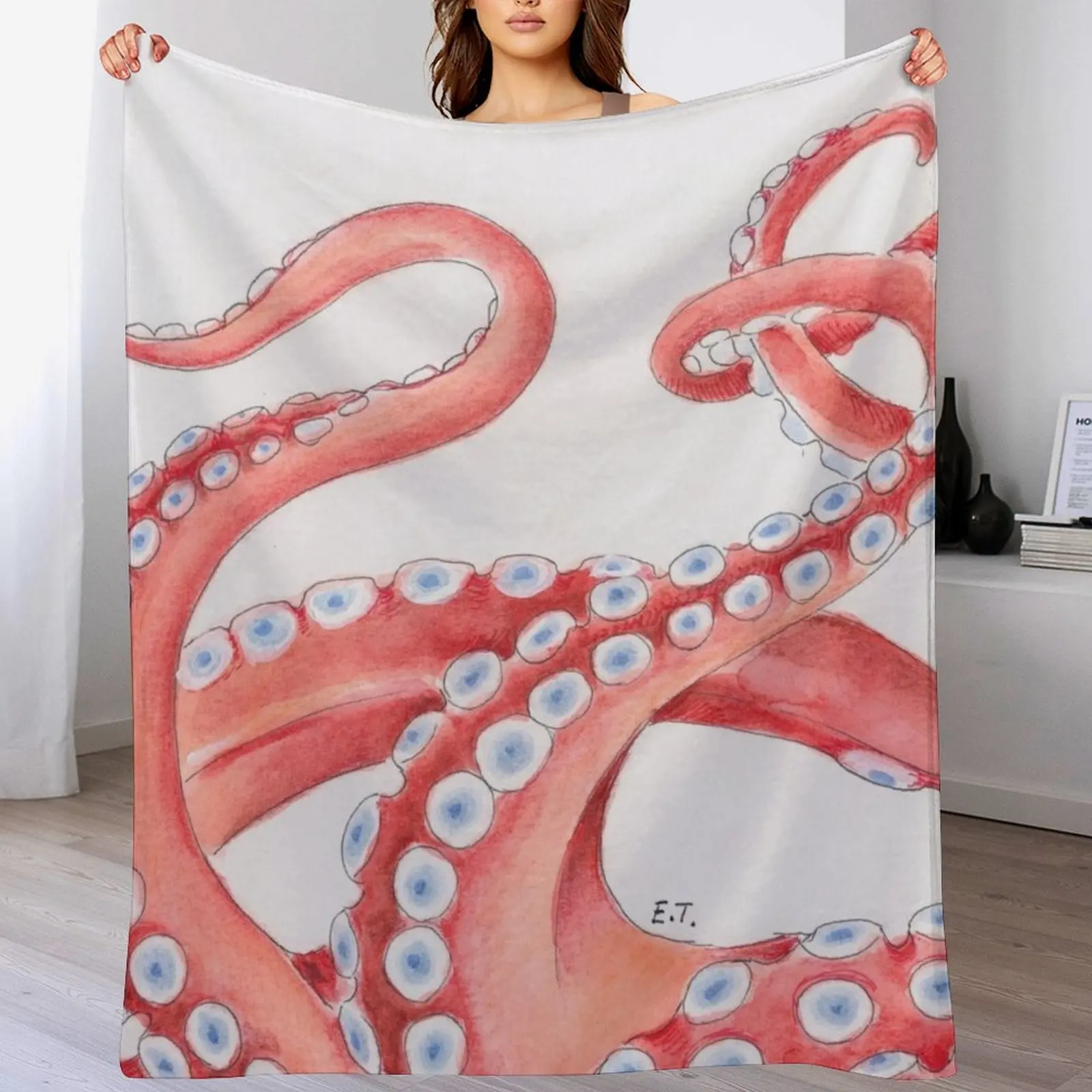 Red Tentacles Octopus Kraken Watercolor Ink dance Beach Exotic Throw Blanket Camping Luxury Throw Blankets