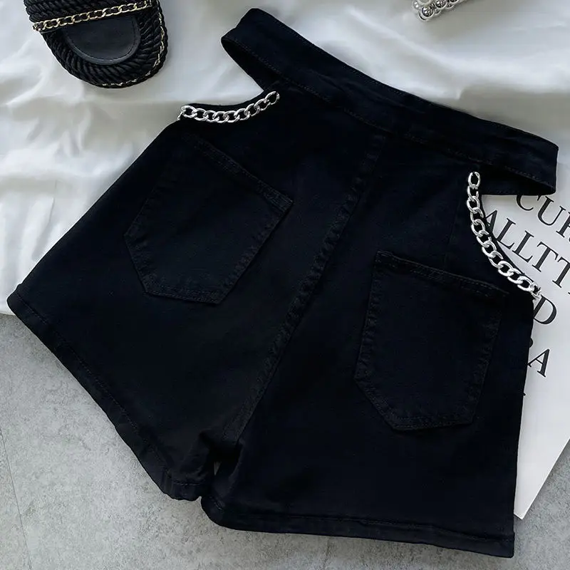 2023 Summer New Waist Chain Hollow out niche design slimming women's panties black denim shorts for women