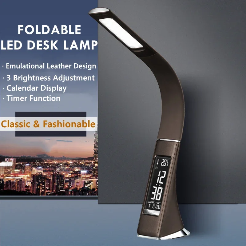 LED Desk Lamp USB Table Lamp with Calendar Temperature Alarm Clock Display, 3 Modes Lighting Adjustment, USB Reading Light Light