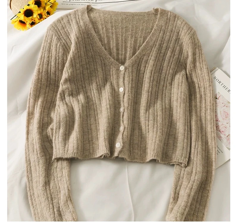 Basic Solid Button Up V-neck Cute Sweater Cardigan Women Korean Style Black White Gray Orange Khaki Pink Cropped Cardigan Top