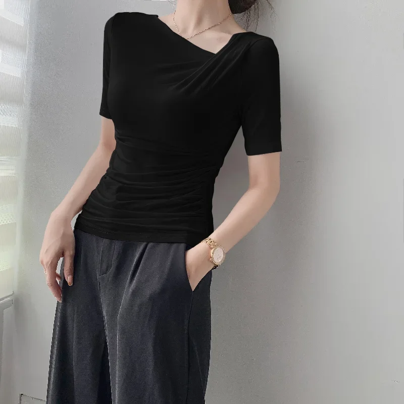 Women Basic Cotton Short Sleeve Slim Elastic T-shirts New Fashion Skew Collar Folds Tops Ladies Elegant Summer Sexy Tee Shirt