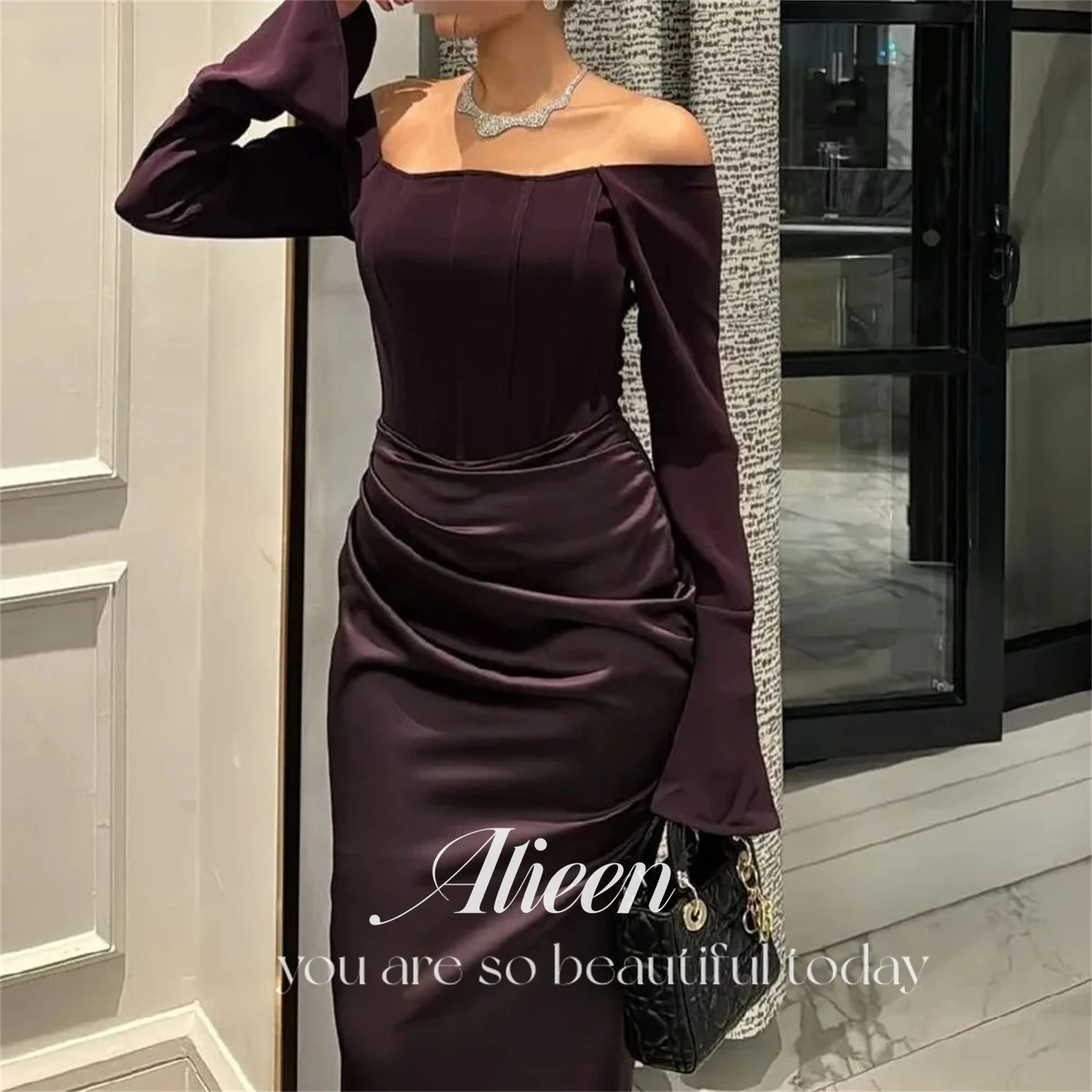 Aileen marron foncé élégant luxe robes de soirée 2025 manches longues femmes robe de soirée femme personnalisé robe de soirée de mariage bal