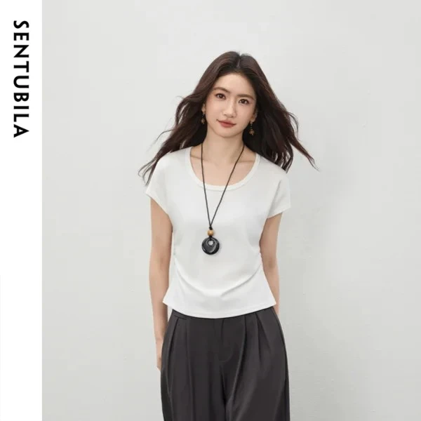 SENTUBILA Women's Minimalist Short Sleeve Knit T-shirt Commute Office U-Neck Waist Side Pleat Slim Drop Shoulder Top 162TA6016