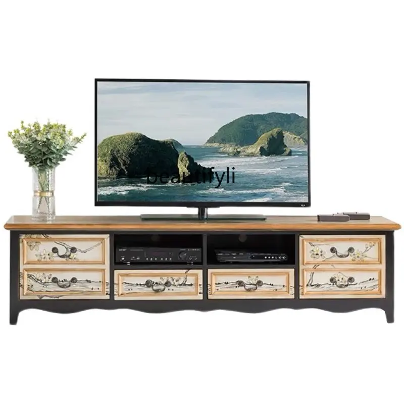 

Modern New Chinese TV Cabinet Solid Wood Painted Retro TV Floor Cabinet Living Room Audio-Visual Video and Audio Combination