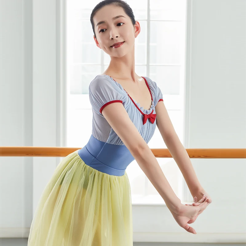 Snow White Leotard Puff Short Sleeve Dancewear Female Ballet Clothes Ballerina Leotard Blue Swimsuit Sparkly Outfit Girls